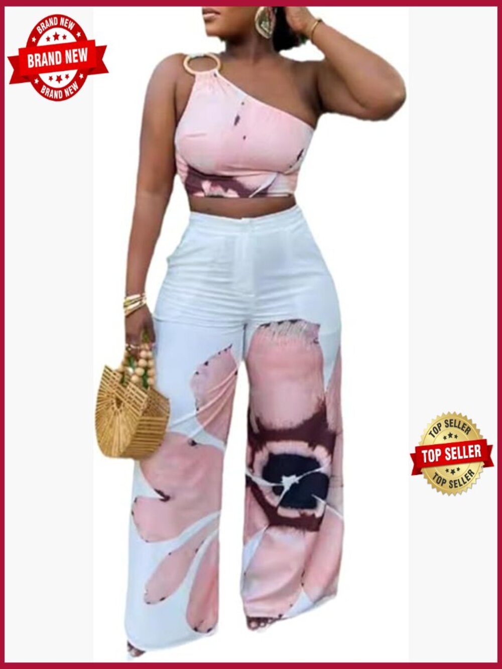 One Shoulder Crop Top Wide Leg Palazzo Pants Set
